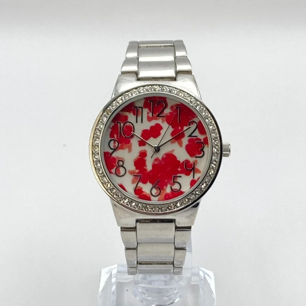 Modern Women's Watch 36mm Silver Tone Red Floral Dial Crystals New Battery 6.5